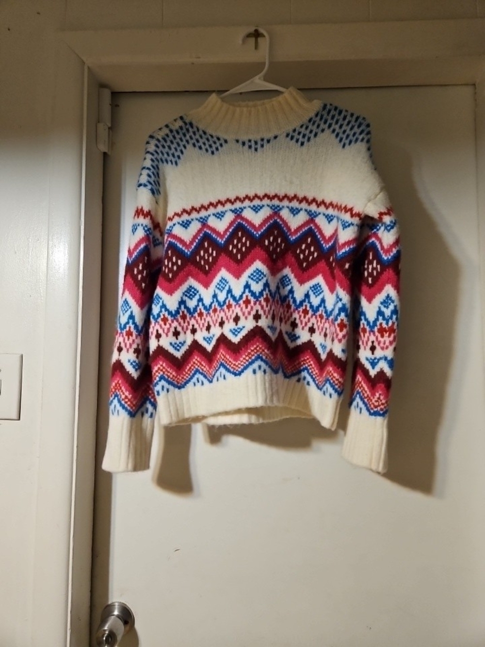 LOFT Cream Fair Isle Turtleneck Sweater with Red, Blue and Pink Accents